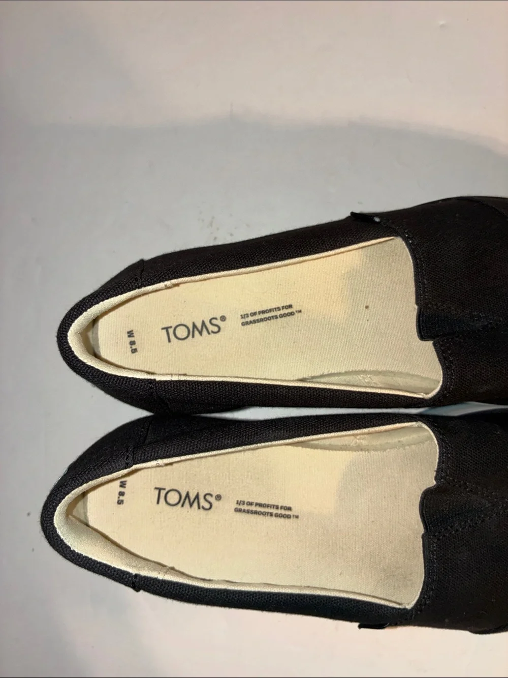 TOMS, Women’s 8.5, Black Canvas Platform Slip-Ons with Pastel Striped Sole